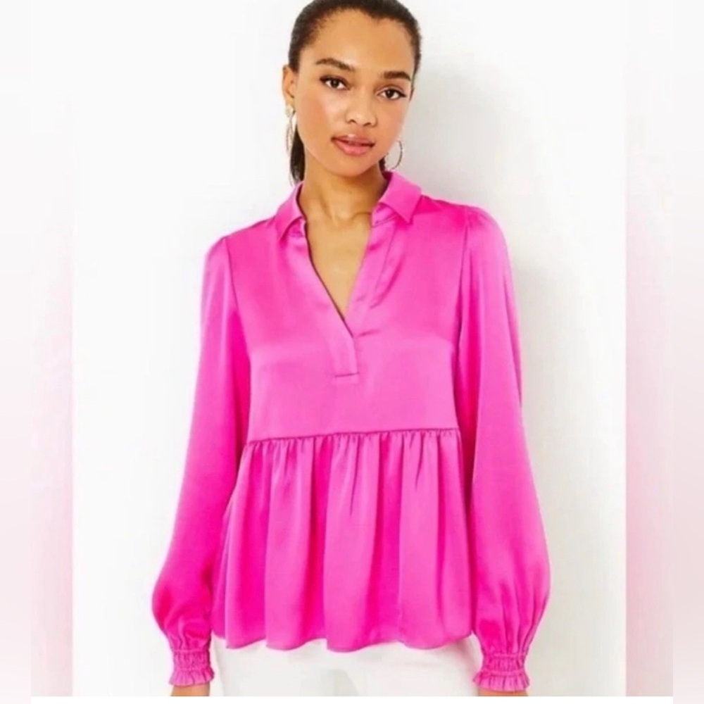 Lilly Pulitzer Jaylene Long Puff Sleeve Lilly V Neck Top - Cerise Pink Sz 12